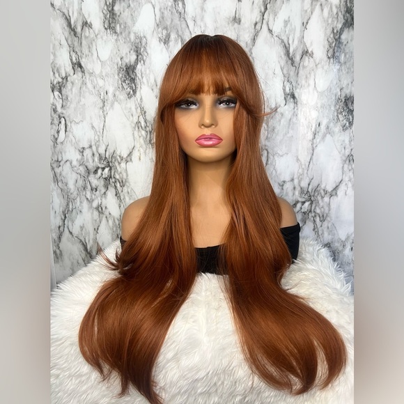 26” Daily Use Copper  Long Wavy Heat Resistant Fiber Full Wig With Bangs - Picture 5 of 13